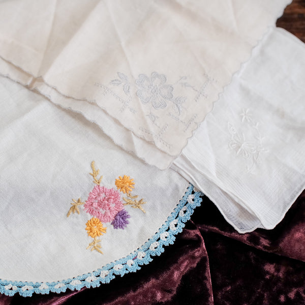 Set of 3: Embroidered Vintage Handkerchiefs and Doily