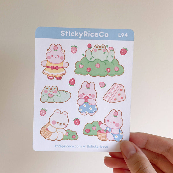 Strawberry Picking Bear Bunny Frog Fruit Deco Sticker Sheet