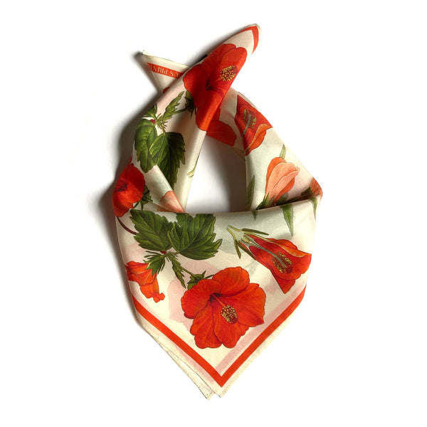 100% Silk Scarf Botanical Hibiscus Flower Bandana