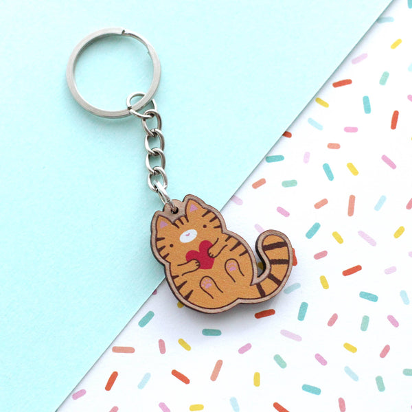 Orange Tabby Cat Wooden Keychain