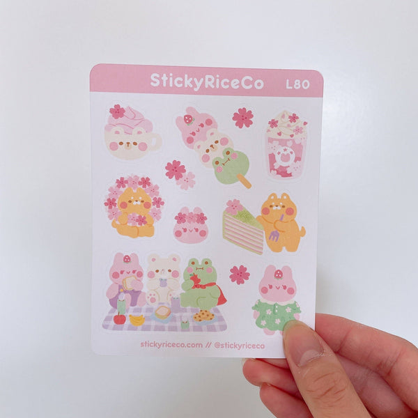 Sakura Cherry Blossoms Picnic with Bear Bunny Frog Stickers