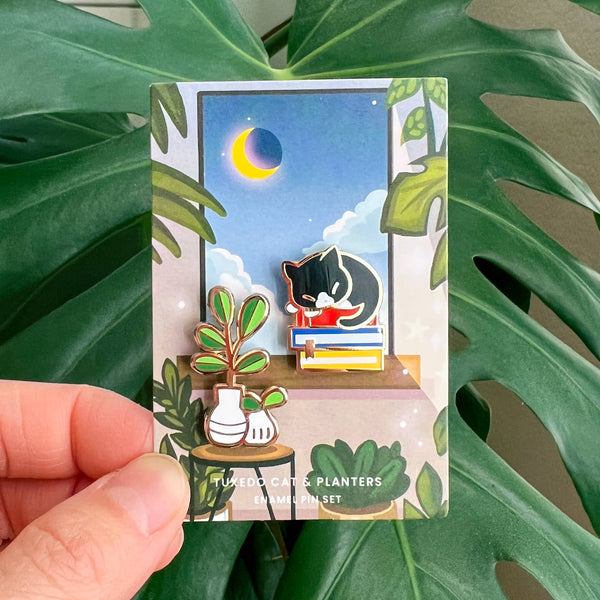 Tuxedo Cat and Planters Enamel Pin Set