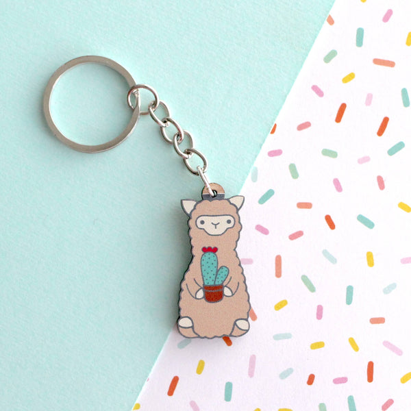 Cactus Alpaca Wooden Keychain