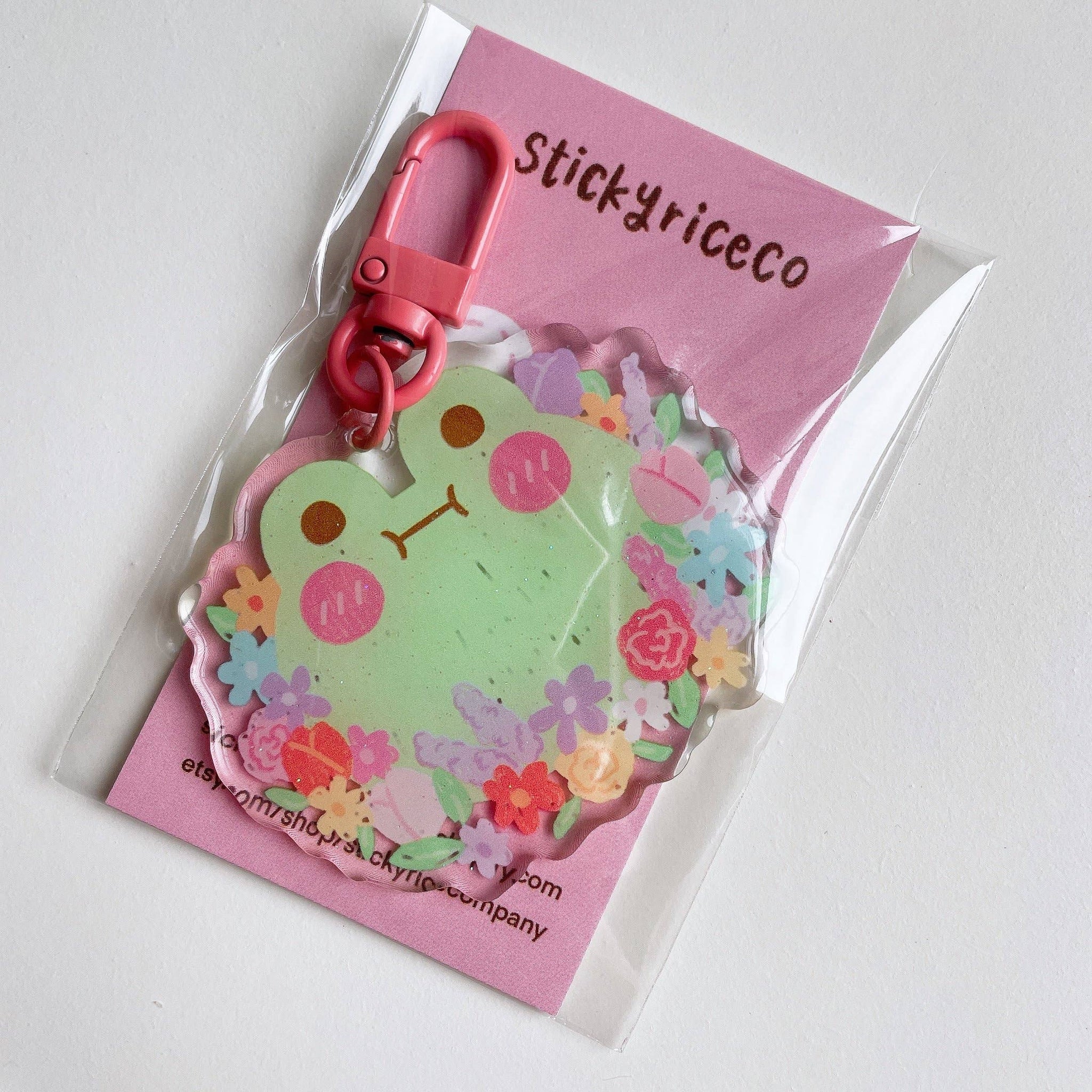 Matcha the Frog with Flowers Glitter Keychain